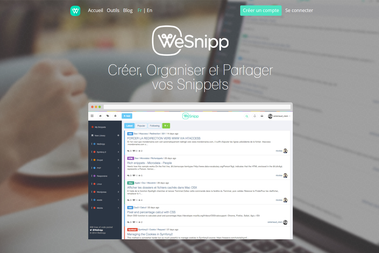 Interface WeSnipp - WeSnipp : Social Coding, créer, organiser et partager ses "snippets" à la sauce sociale...